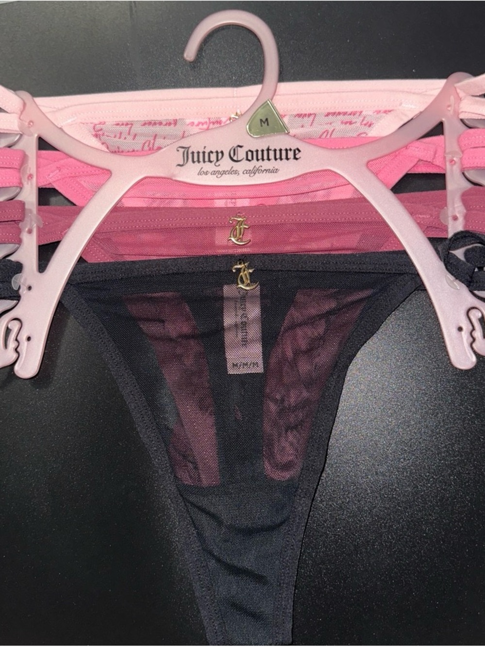 Juicy Couture Pink and Black Mesh Thong with Gold Logo Charm